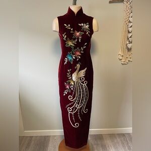 60s 70s Velvet Cheongsam Velour Maxi Dress Long Slits Red Oxblood Sequin Beaded